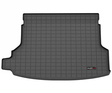 WeatherTech custom-fit, 100% waterproof black cargo mat for Subaru Forester SL with Kardon surround sound system.