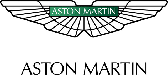 Aston Martin logo with wings and text on a white background