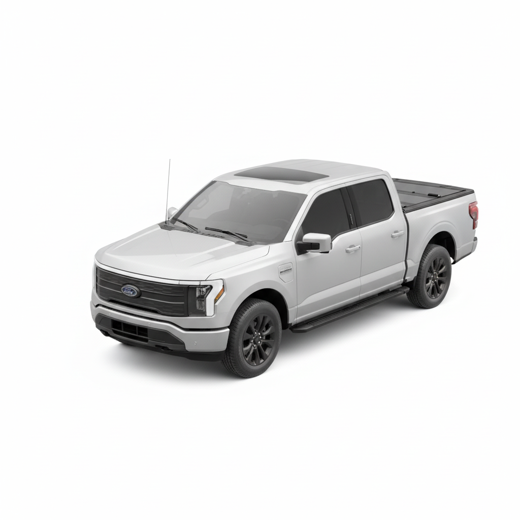 Un pick-up Ford Ranger T6 de couleur argent, photographié sous un angle de trois quarts de face sur un fond blanc immaculé, équipé d'un cache-benne BAKFlip MX4 EZ-LIFT