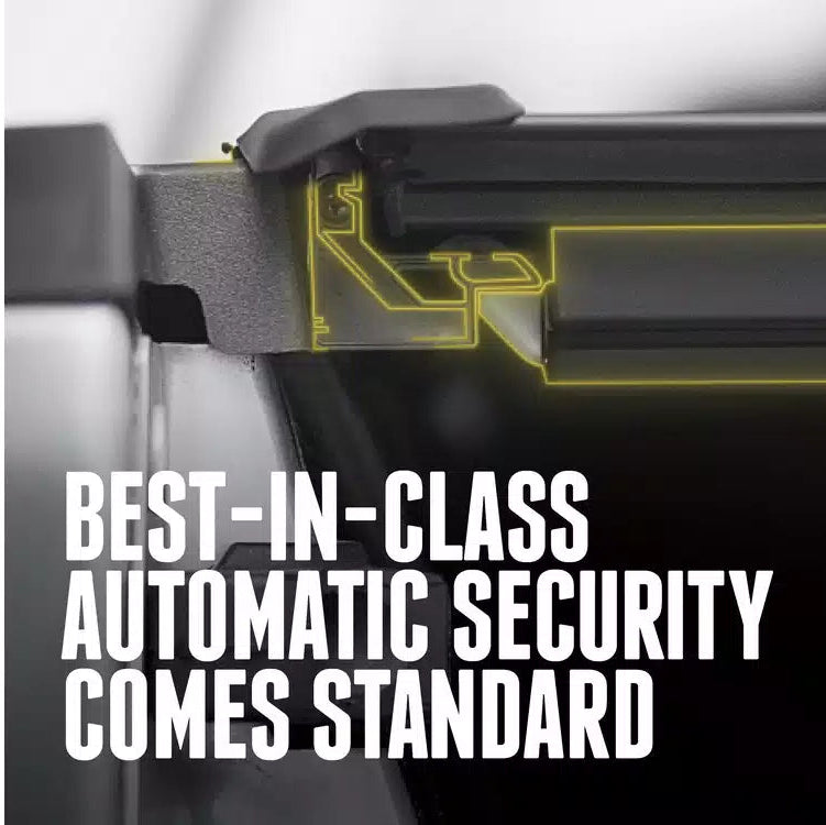 Close-up of a black Ford F-150 Lightning BAK MX4 (GEN3) Tonneau Cover security shade with a yellow graphic overlay highlighting the locking mechanism, accompanied by the text 'BEST-IN-CLASS AUTOMATIC SECURITY COMES STANDARD'.
