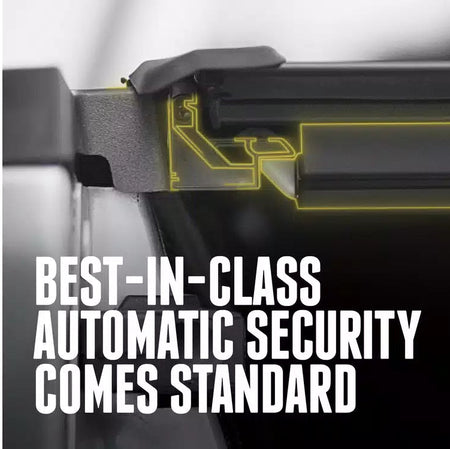Close-up of a black Ford F-150 Lightning BAK MX4 (GEN3) Tonneau Cover security shade with a yellow graphic overlay highlighting the locking mechanism, accompanied by the text 'BEST-IN-CLASS AUTOMATIC SECURITY COMES STANDARD'.
