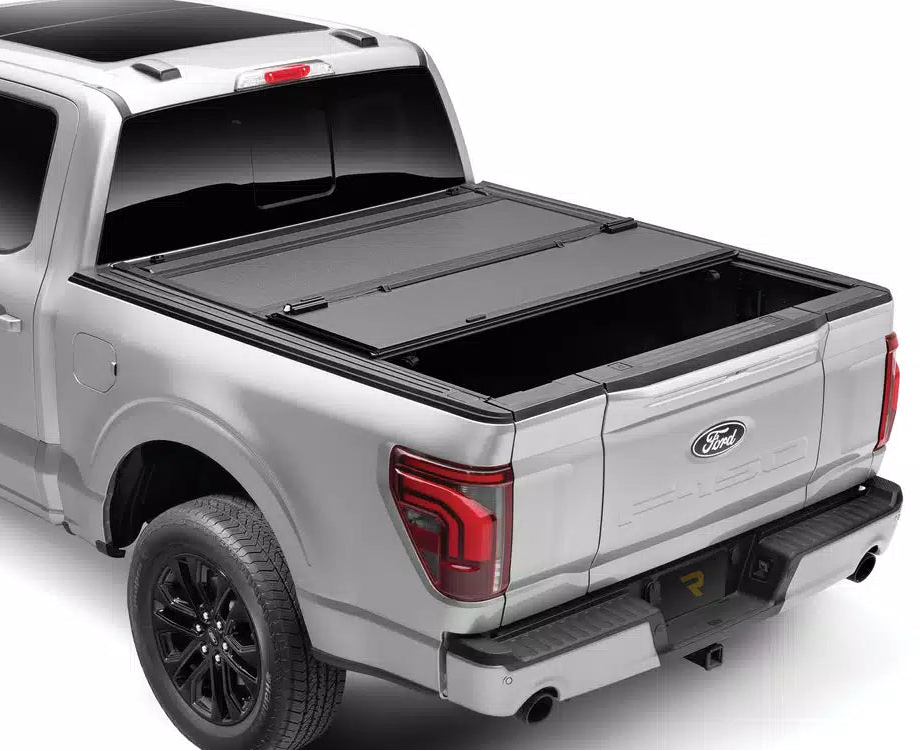 Custom fit BAK 338339 tonneau folding cover in black for Ford F-150 Lightning with 3 folding sections - easy to fit and waterproof