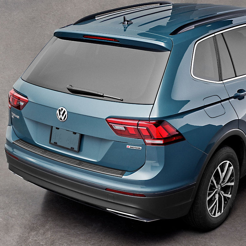 Blue Volkswagen SUV with WeatherTech rear bumper protector to stop scratches and damage